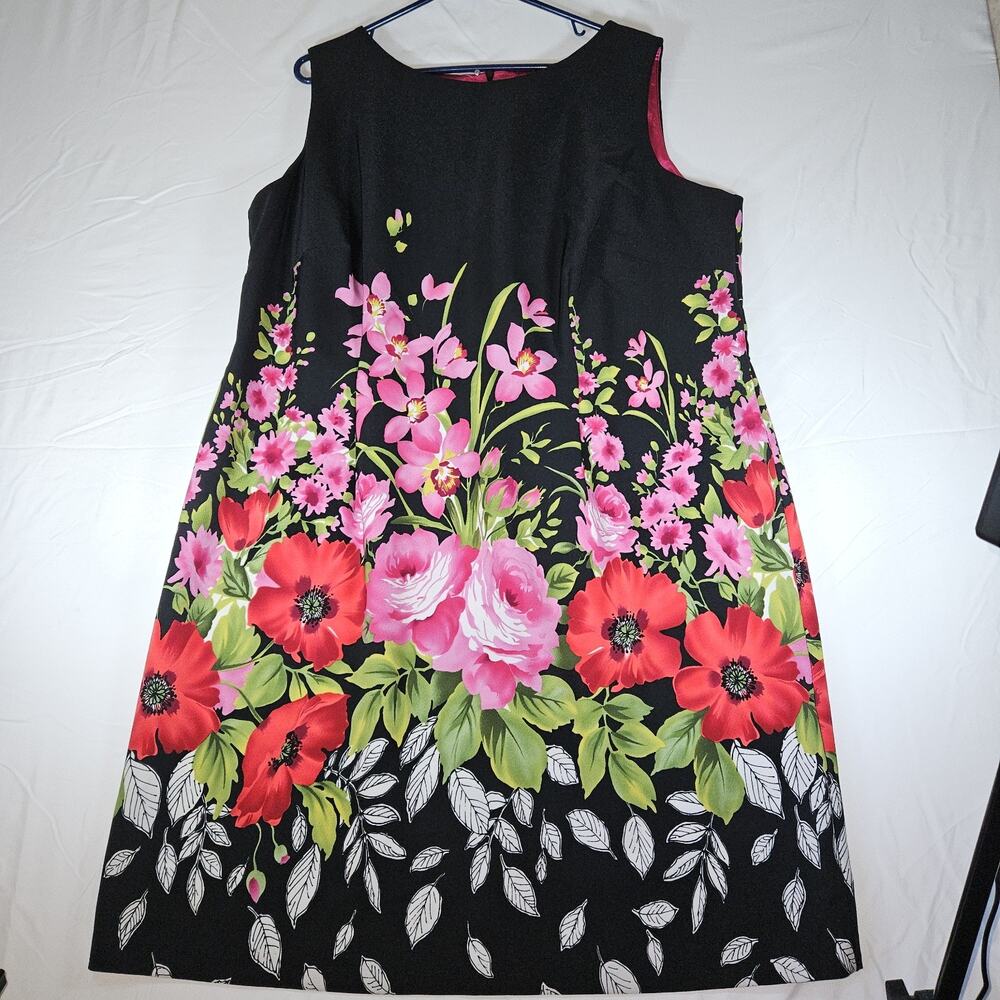 Dressbarn Women Size 18 Floral Fit & Flare A-Line Dress Black Pink Sleeveless